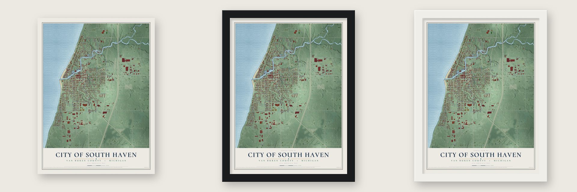 South Haven, Michigan map unframed, in a black wood frame and in a white wood frame