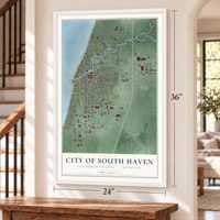 South Haven, Michigan map, 24 x 36 inch print in a white frame by a staircase
