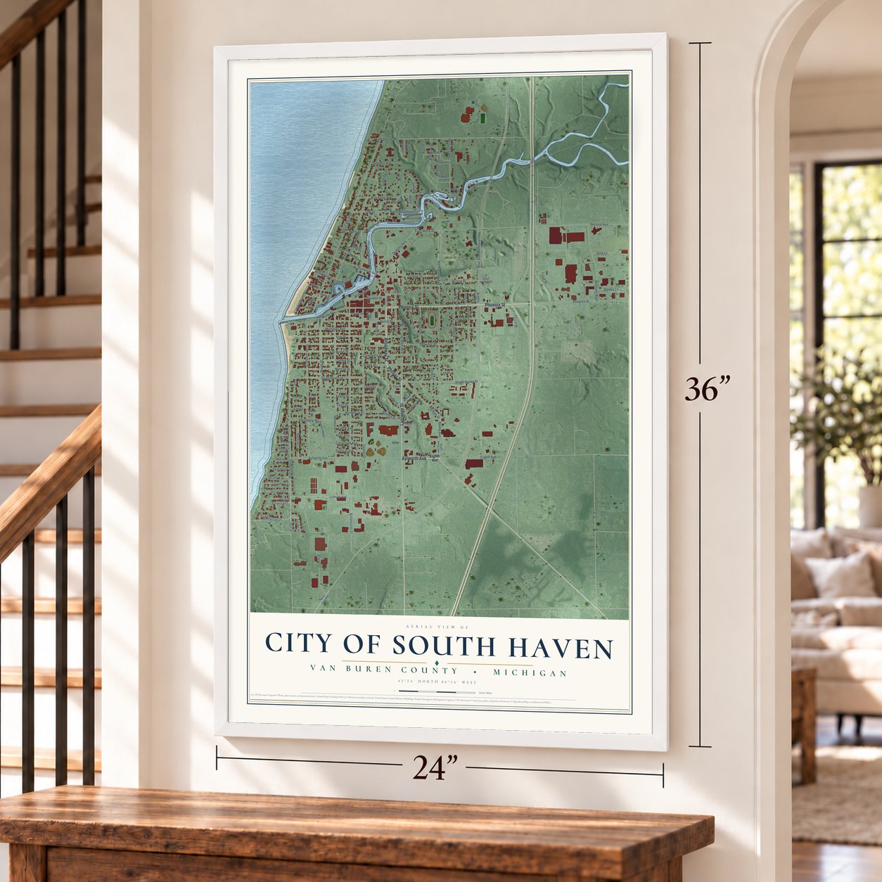 South Haven, Michigan map, 24 x 36 inch print in a white frame by a staircase