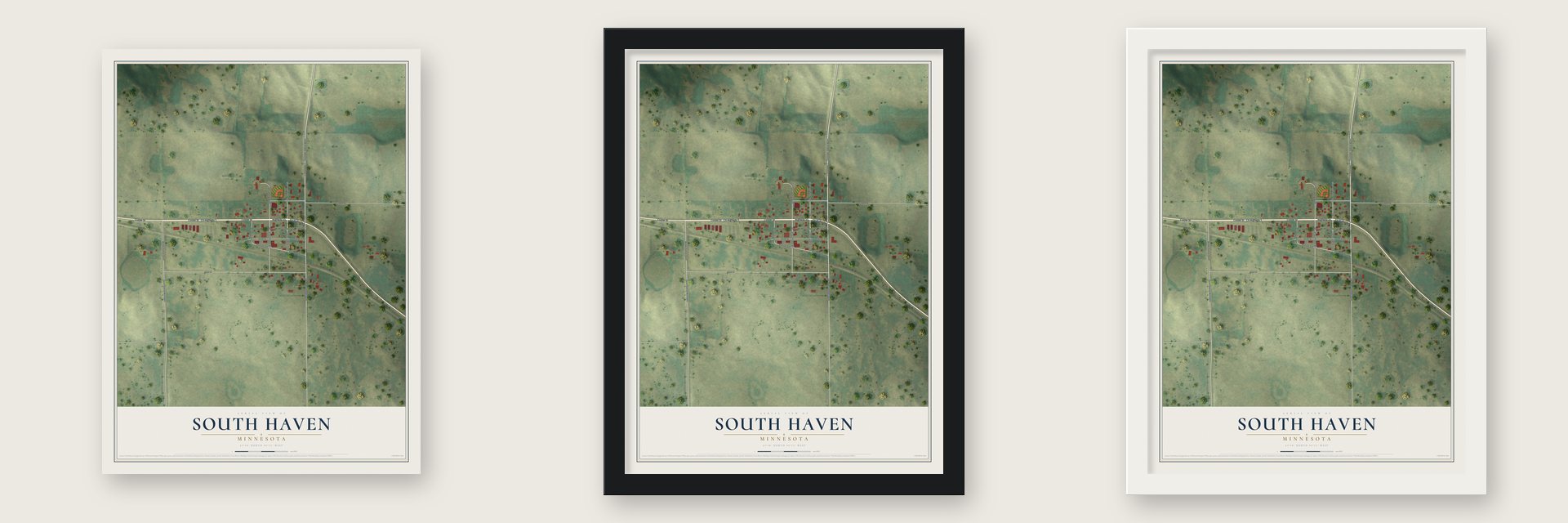 South Haven, Minnesota map unframed, in a black wood frame and in a white wood frame