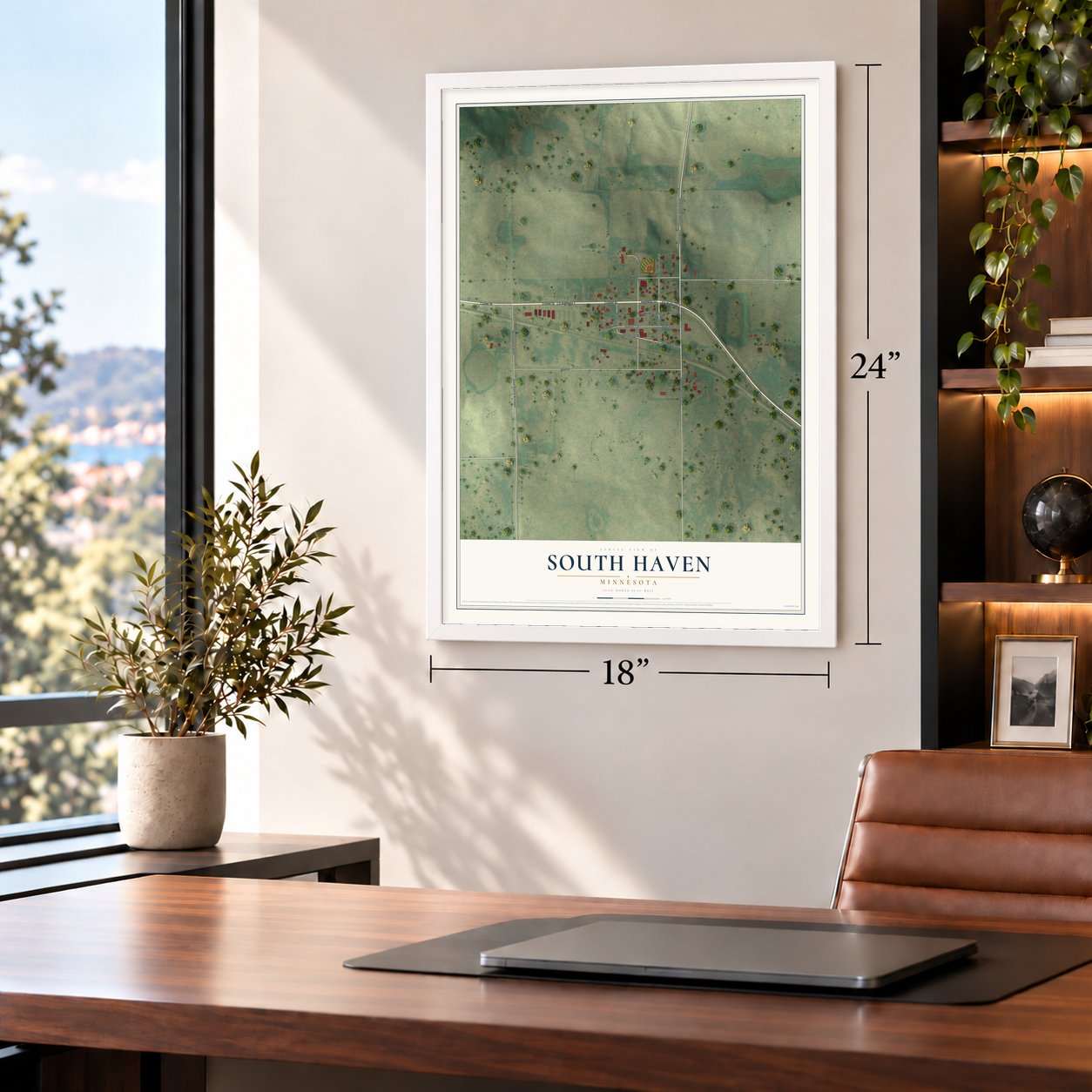 South Haven, Minnesota map, 18 x 24 inch print in a white frame in a home office