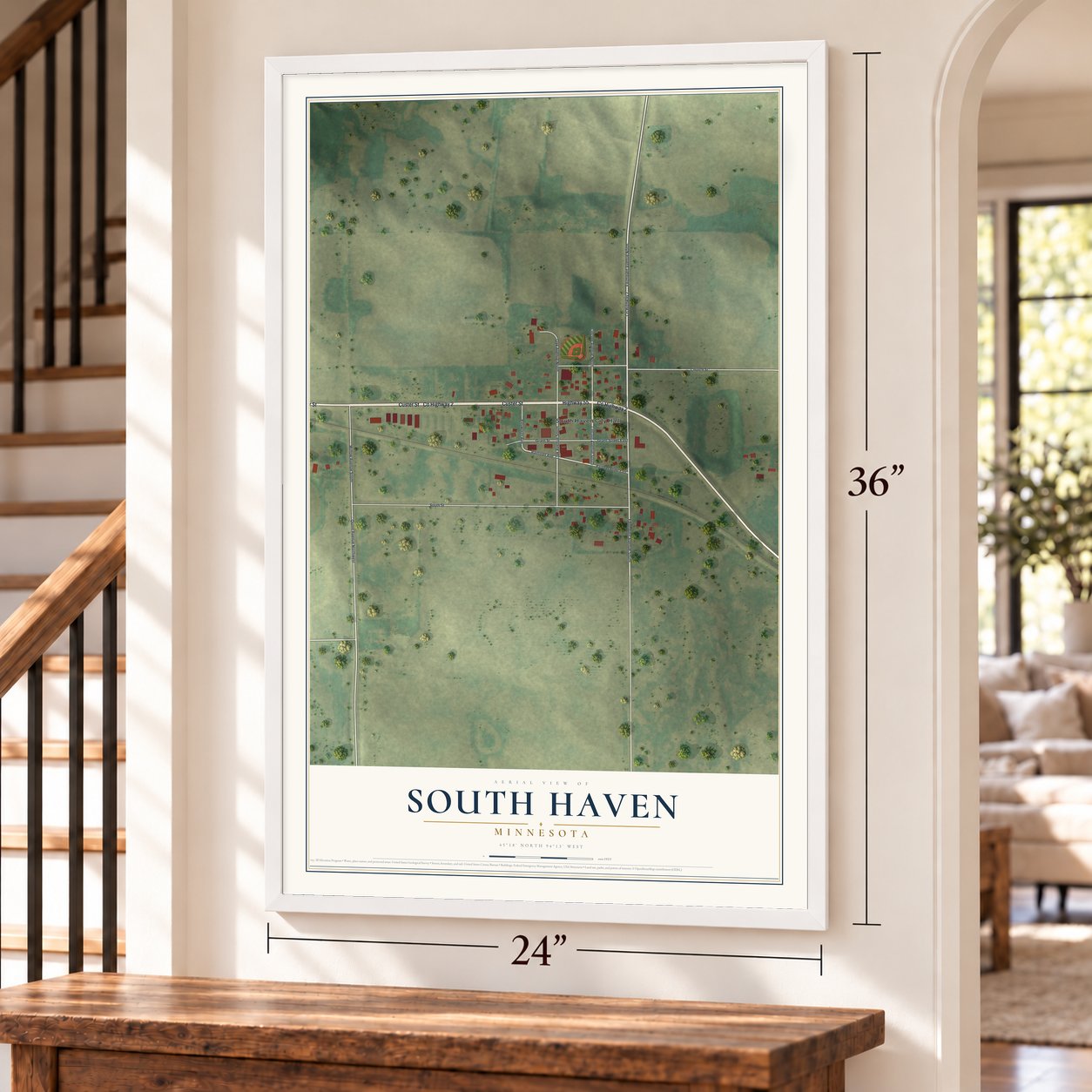 South Haven, Minnesota map, 24 x 36 inch print in a white frame by a staircase