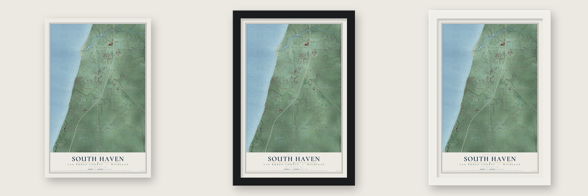 South Haven, Van Buren County, Michigan map unframed, in a black wood frame and in a white wood frame