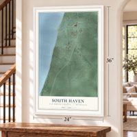 South Haven, Van Buren County, Michigan map, 24 x 36 inch print in a white frame by a staircase