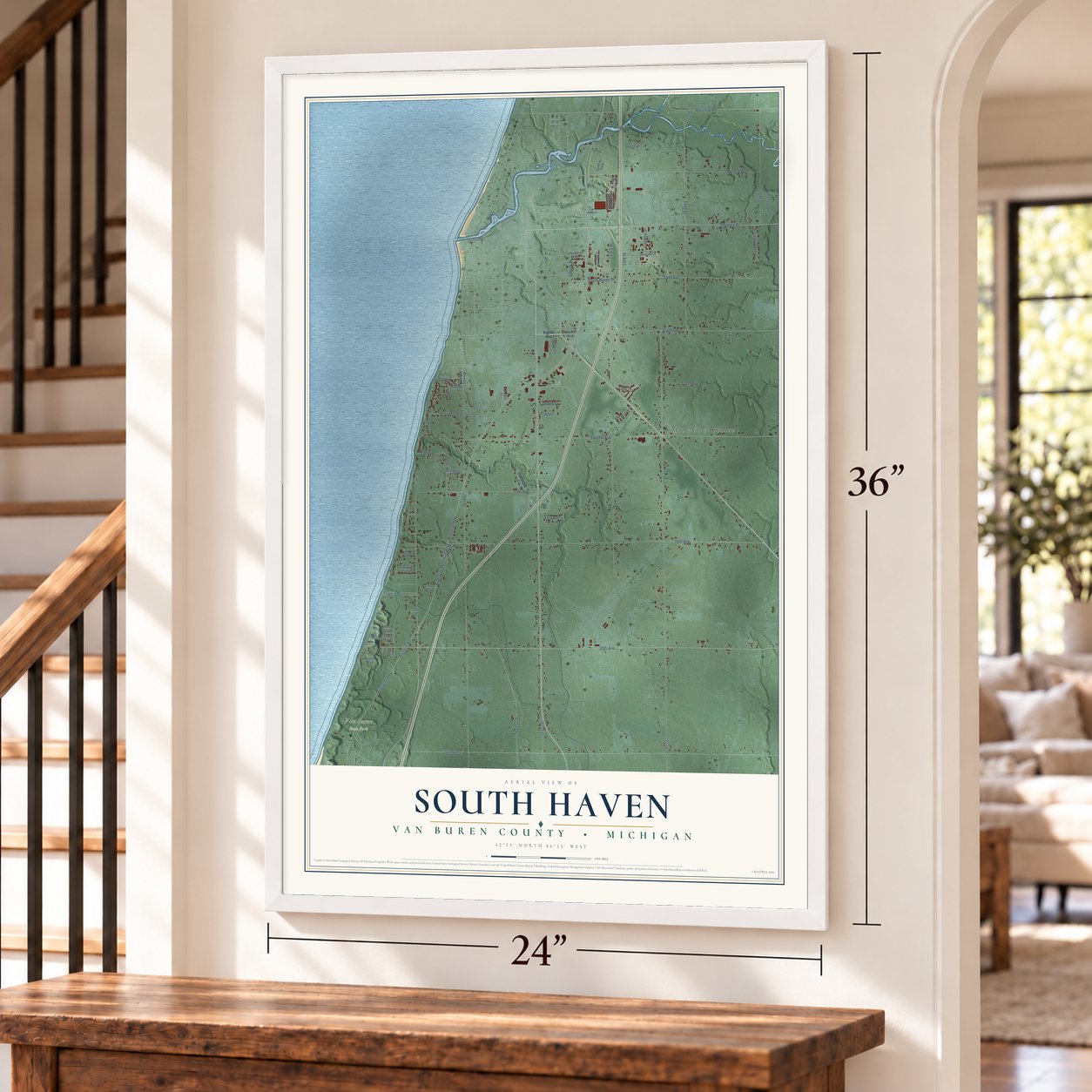 South Haven, Van Buren County, Michigan map, 24 x 36 inch print in a white frame by a staircase