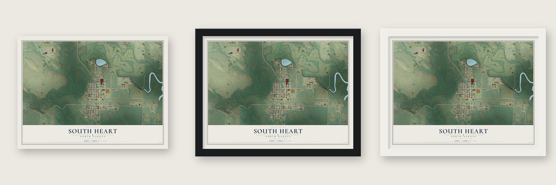 South Heart, North Dakota map unframed, in a black wood frame and in a white wood frame
