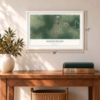 South Heart, North Dakota map, 12 x 18 inch print in a white frame in an entryway