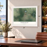 South Heart, North Dakota map, 18 x 24 inch print in a white frame in a home office