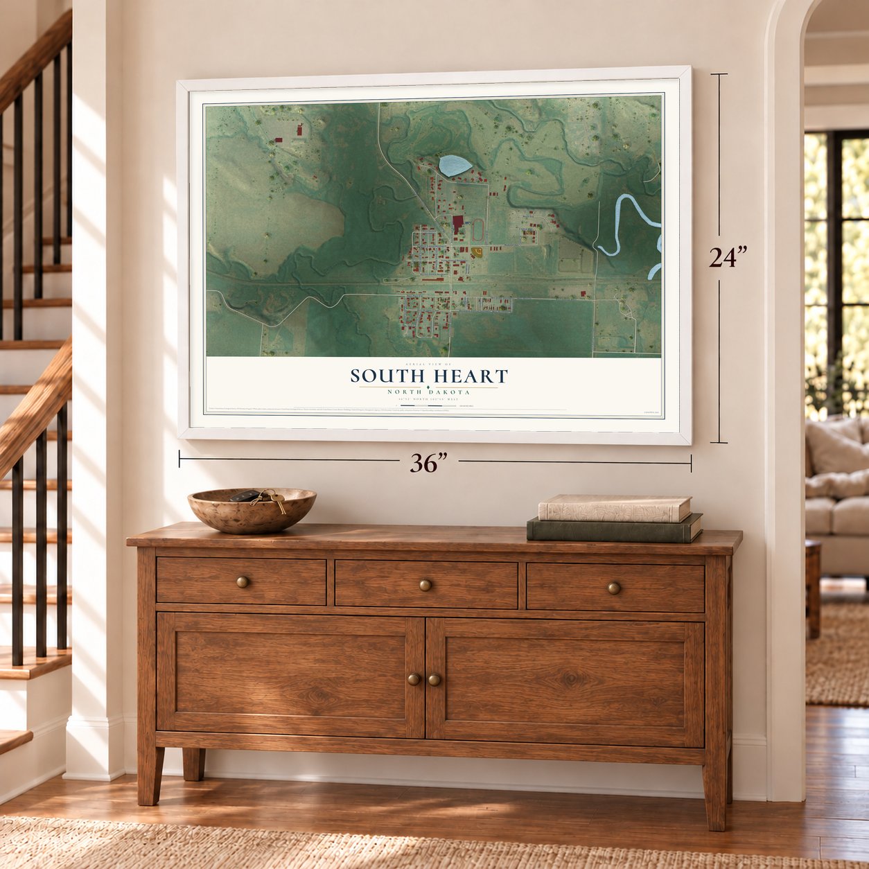 South Heart, North Dakota map, 24 x 36 inch print in a white frame above a dresser by a staircase