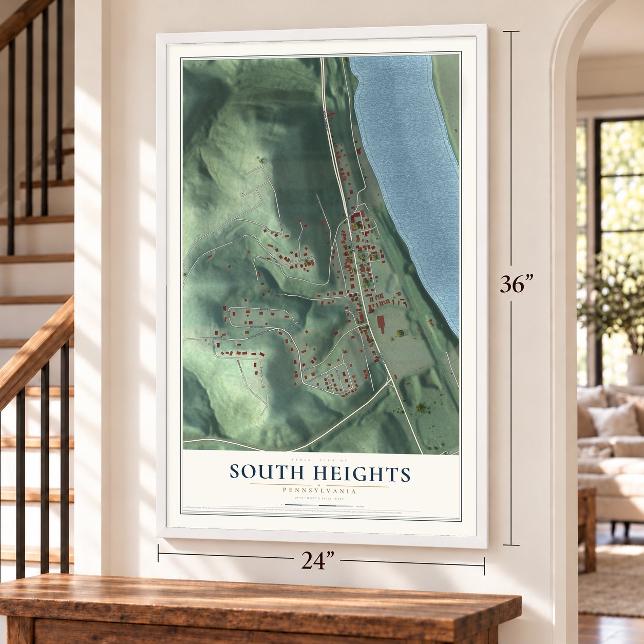 South Heights, Pennsylvania map, 24 x 36 inch print in a white frame by a staircase