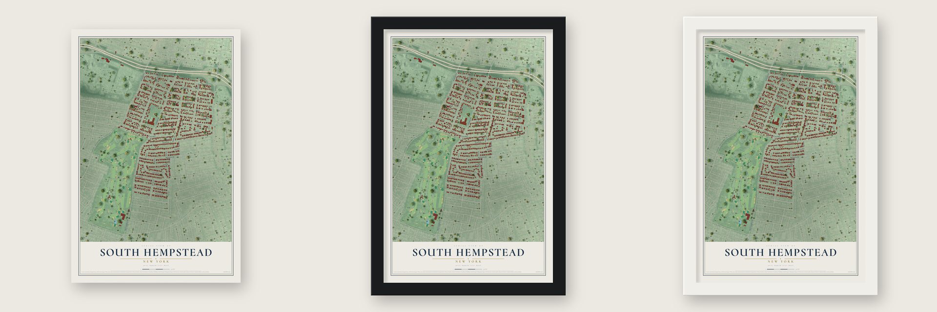 South Hempstead, New York map unframed, in a black wood frame and in a white wood frame