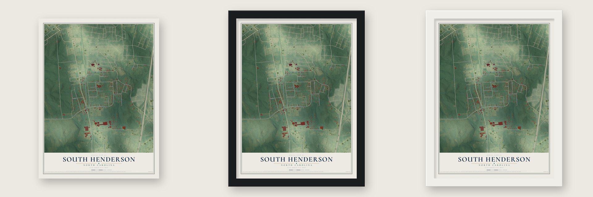 South Henderson, North Carolina map unframed, in a black wood frame and in a white wood frame