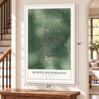 South Henderson, North Carolina map, 24 x 36 inch print in a white frame by a staircase