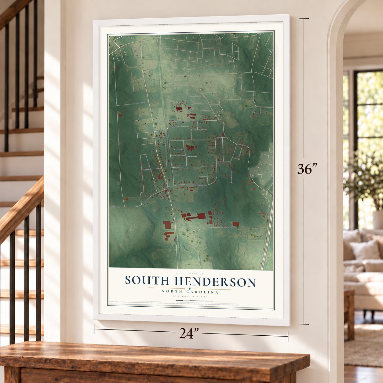 South Henderson, North Carolina map, 24 x 36 inch print in a white frame by a staircase