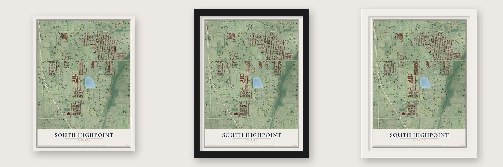 South Highpoint, Florida map unframed, in a black wood frame and in a white wood frame