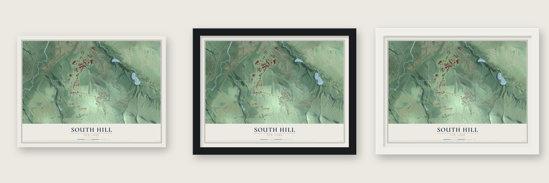 South Hill, New York map unframed, in a black wood frame and in a white wood frame