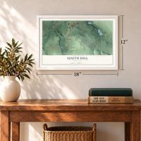 South Hill, New York map, 12 x 18 inch print in a white frame in an entryway