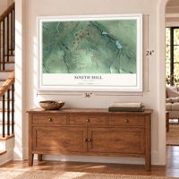 South Hill, New York map, 24 x 36 inch print in a white frame above a dresser by a staircase