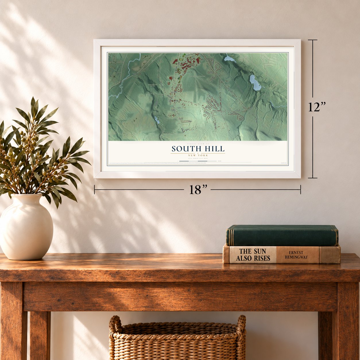 South Hill, New York map, 12 x 18 inch print in a white frame in an entryway