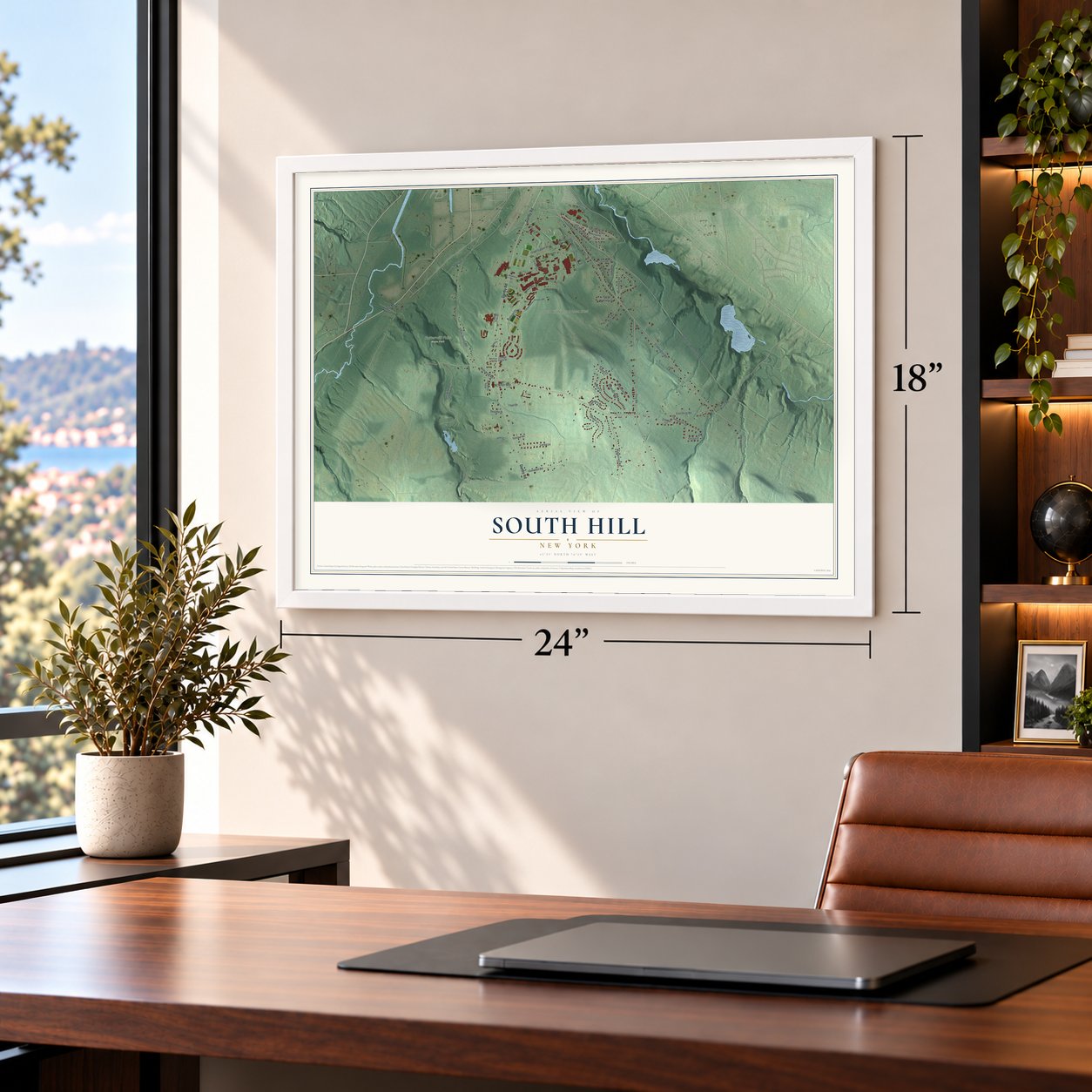 South Hill, New York map, 18 x 24 inch print in a white frame in a home office