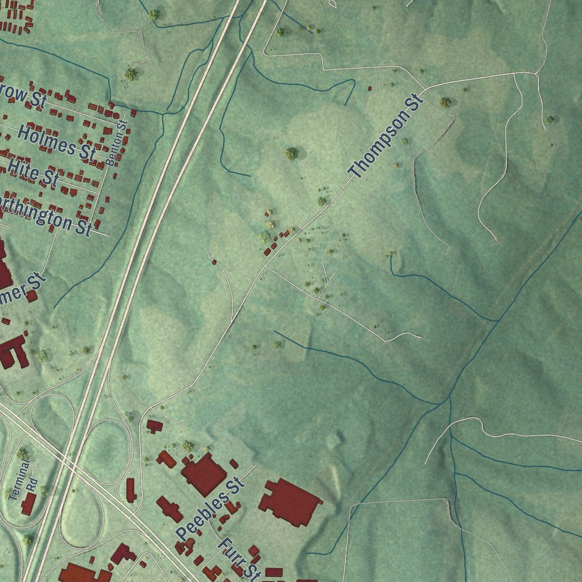 Second close-up of the map of South Hill, Virginia print showing more streets and buildings