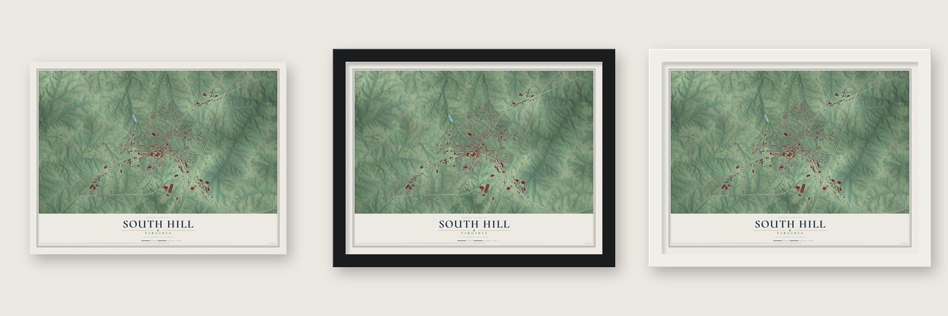 South Hill, Virginia map unframed, in a black wood frame and in a white wood frame