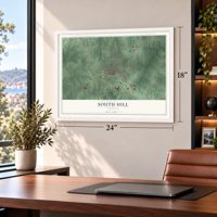 South Hill, Virginia map, 18 x 24 inch print in a white frame in a home office