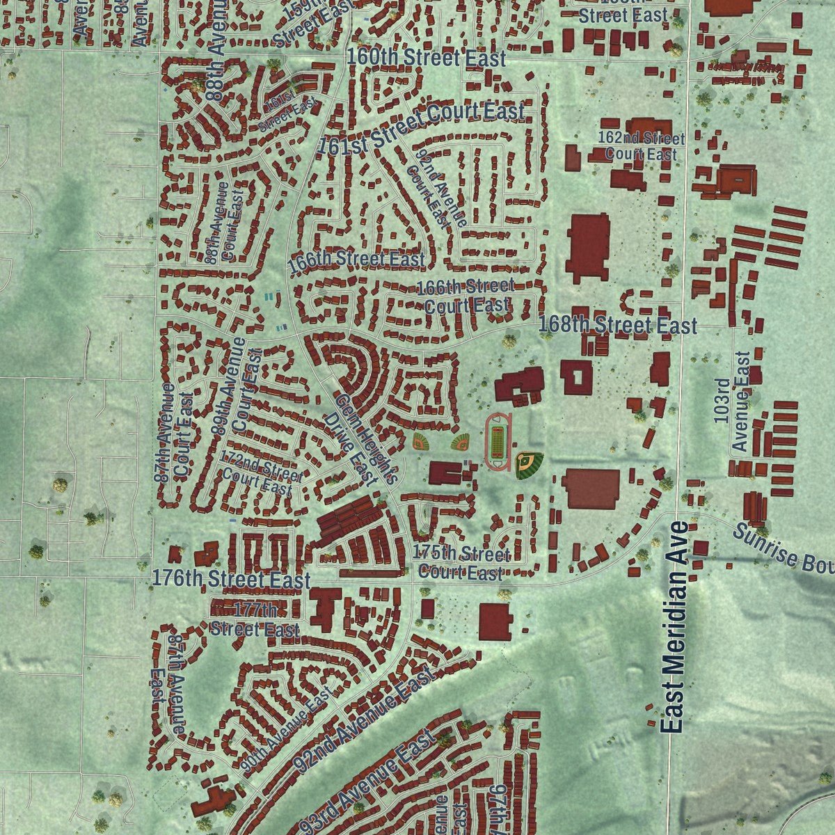 Second close-up of the map of South Hill, Washington print showing more streets and buildings