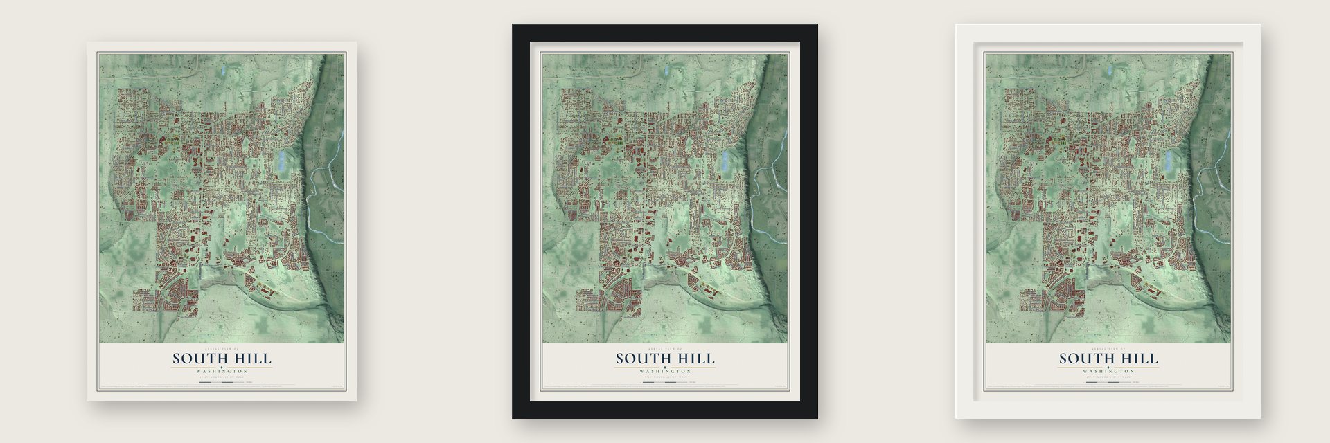 South Hill, Washington map unframed, in a black wood frame and in a white wood frame