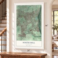 South Hill, Washington map, 24 x 36 inch print in a white frame by a staircase