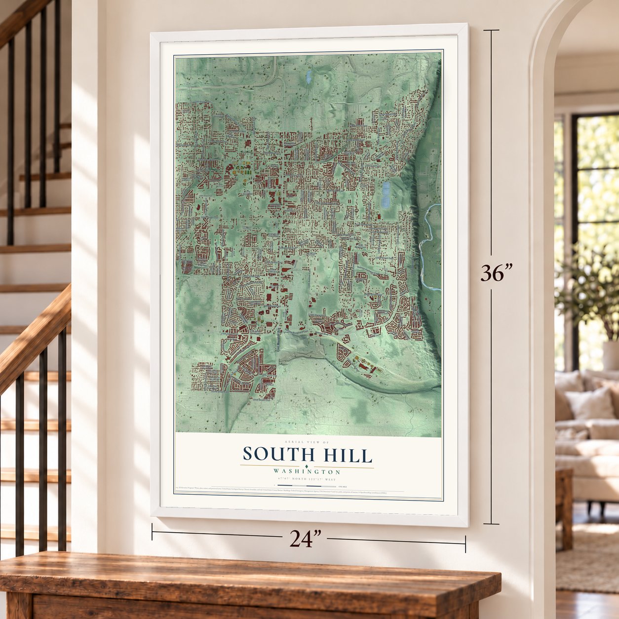 South Hill, Washington map, 24 x 36 inch print in a white frame by a staircase