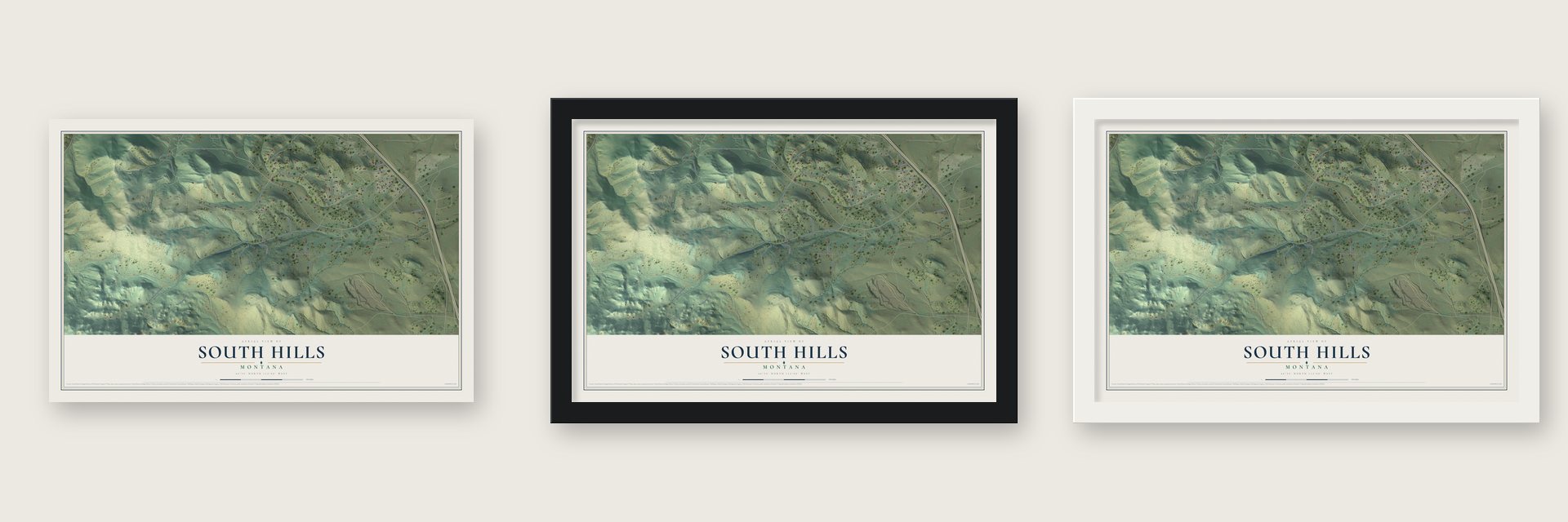 South Hills, Montana map unframed, in a black wood frame and in a white wood frame