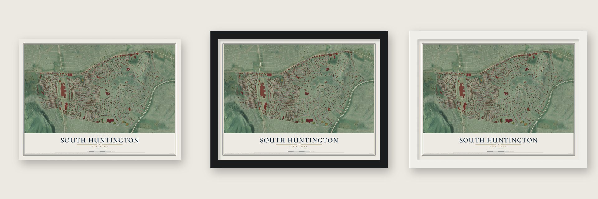 South Huntington, New York map unframed, in a black wood frame and in a white wood frame