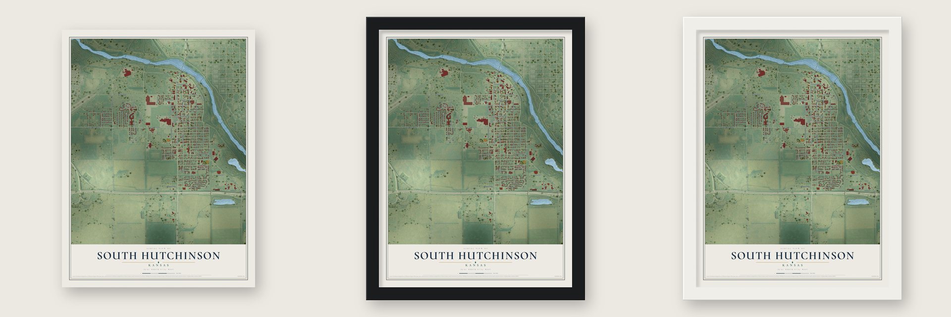 South Hutchinson, Kansas map unframed, in a black wood frame and in a white wood frame