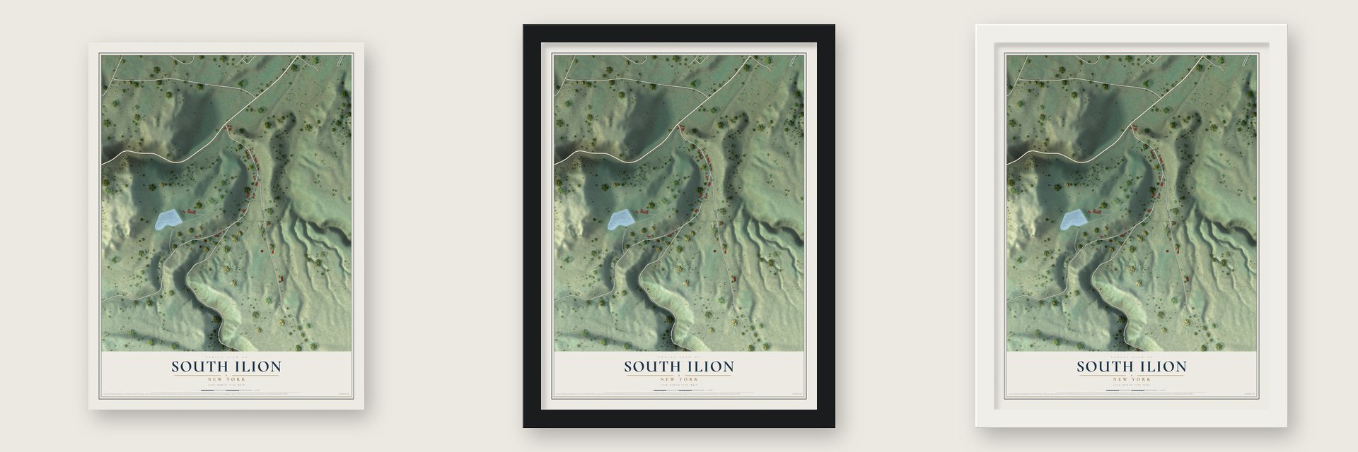 South Ilion, New York map unframed, in a black wood frame and in a white wood frame