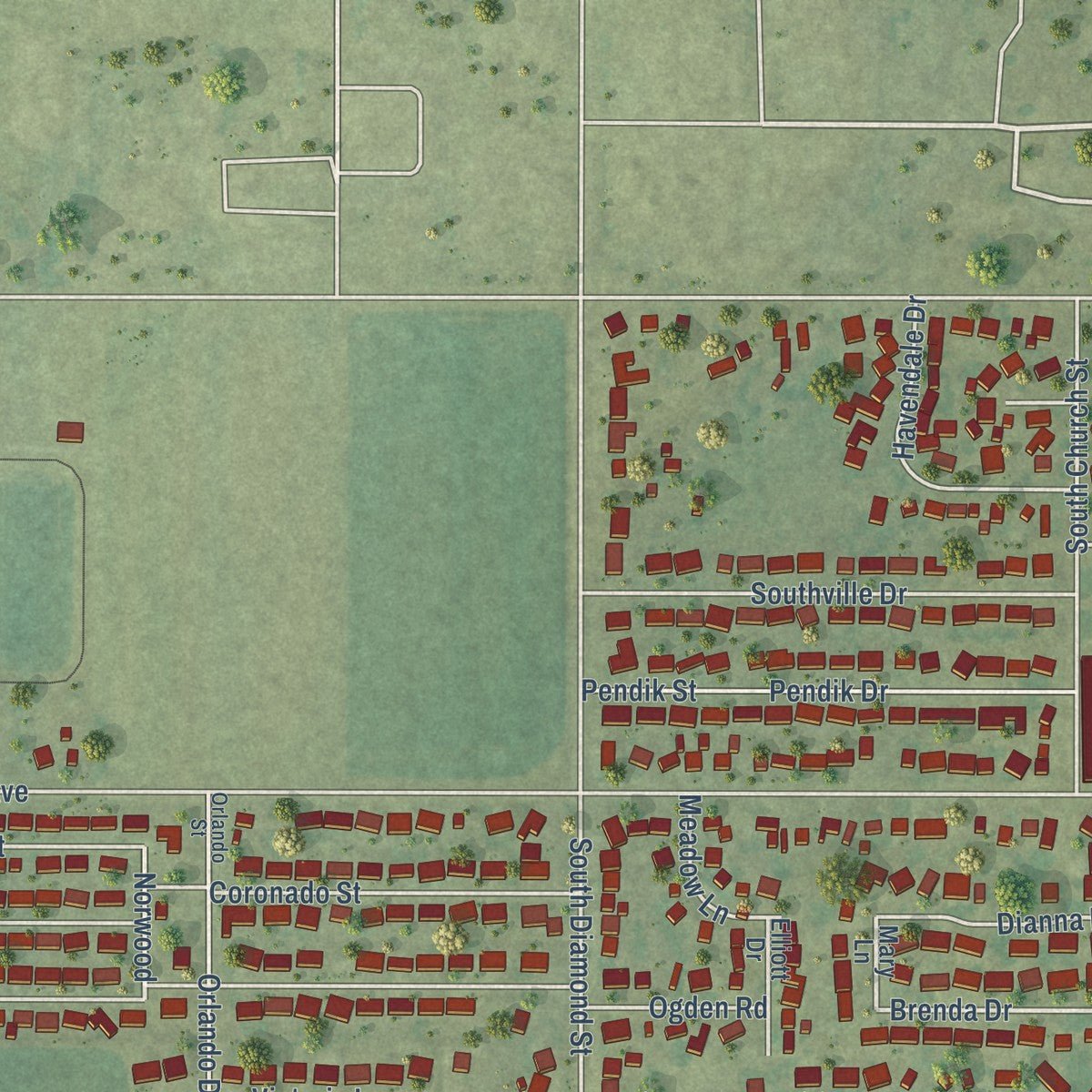 Second close-up of the map of South Jacksonville, Illinois print showing more streets and buildings