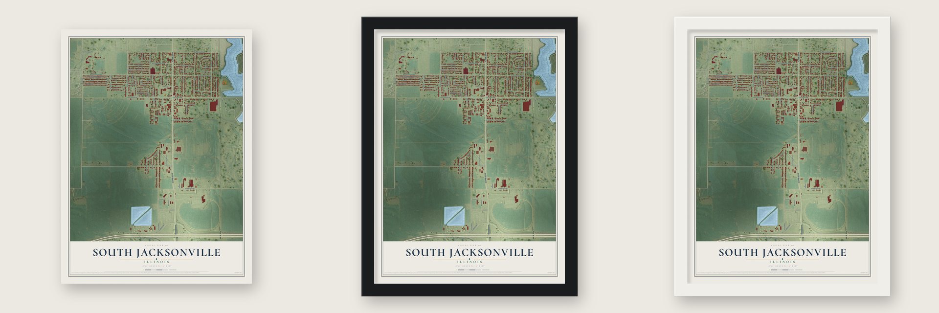 South Jacksonville, Illinois map unframed, in a black wood frame and in a white wood frame