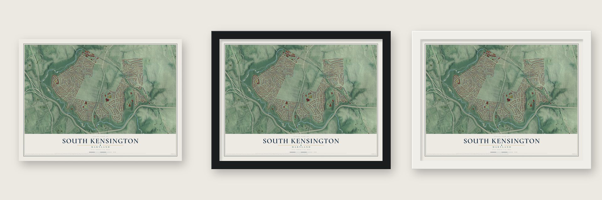 South Kensington, Maryland map unframed, in a black wood frame and in a white wood frame