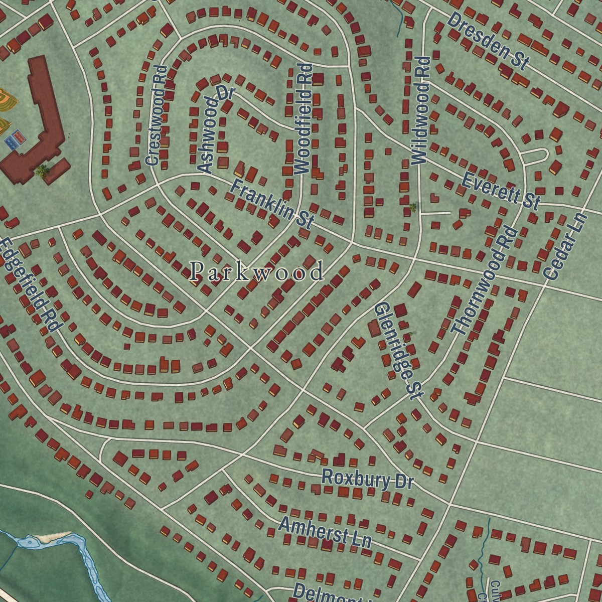 Second close-up of the map of South Kensington, Maryland print showing more streets and buildings