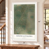 South La Paloma, Texas map, 24 x 36 inch print in a white frame by a staircase