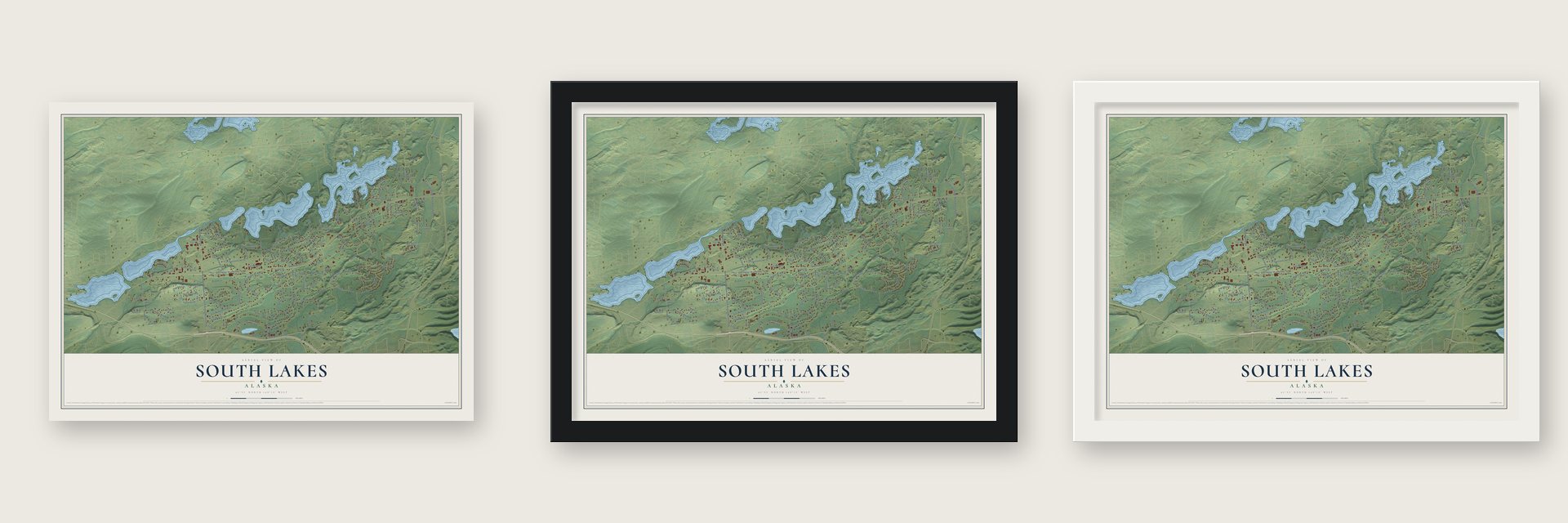 South Lakes, Alaska map unframed, in a black wood frame and in a white wood frame