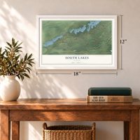 South Lakes, Alaska map, 12 x 18 inch print in a white frame in an entryway