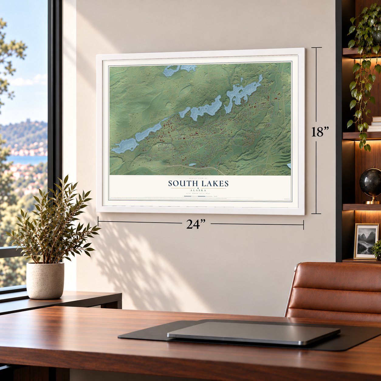 South Lakes, Alaska map, 18 x 24 inch print in a white frame in a home office
