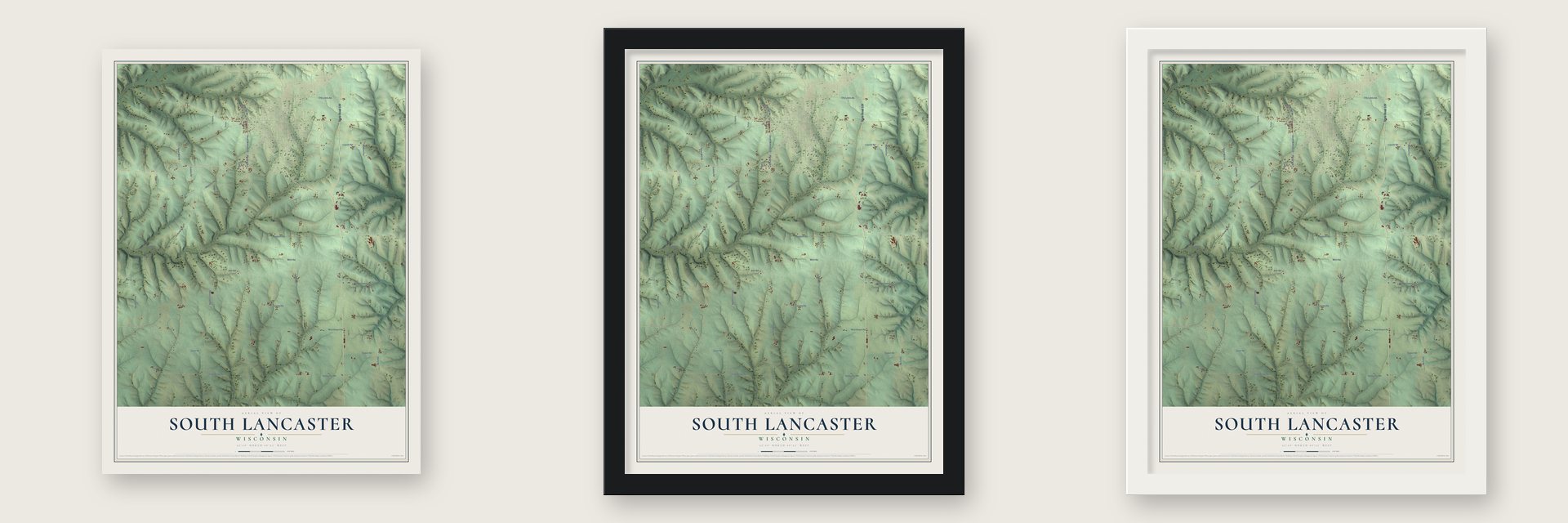 South Lancaster, Wisconsin map unframed, in a black wood frame and in a white wood frame
