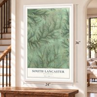South Lancaster, Wisconsin map, 24 x 36 inch print in a white frame by a staircase
