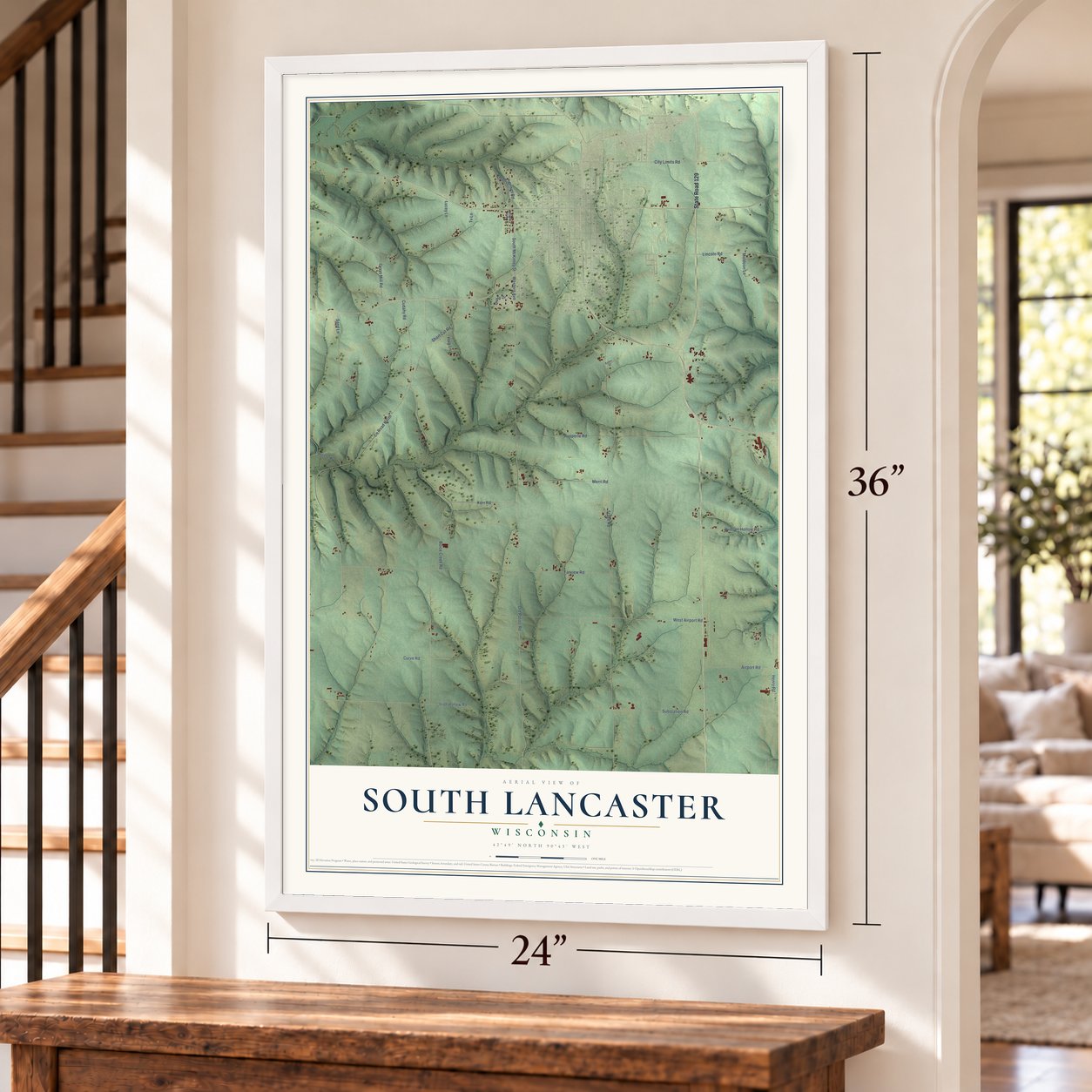 South Lancaster, Wisconsin map, 24 x 36 inch print in a white frame by a staircase