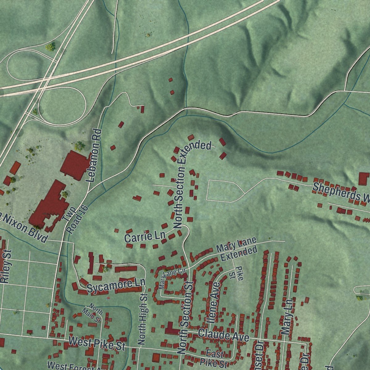 Second close-up of the map of South Lebanon, Ohio print showing more streets and buildings