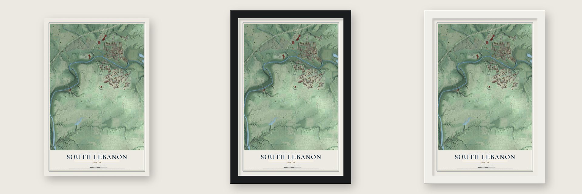 South Lebanon, Ohio map unframed, in a black wood frame and in a white wood frame