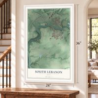 South Lebanon, Ohio map, 24 x 36 inch print in a white frame by a staircase