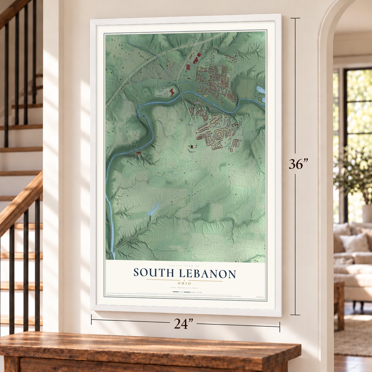 South Lebanon, Ohio map, 24 x 36 inch print in a white frame by a staircase